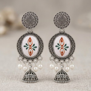 Handcrafted Hand-Painted Floral Motif Oxidized Jhumka Earrings