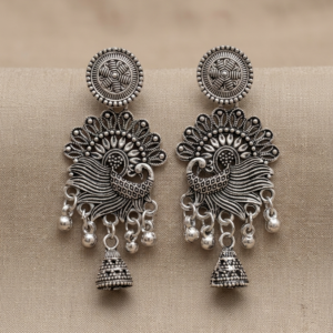 Antique Finish Oxidized Silver Peacock Jhumka Earrings
