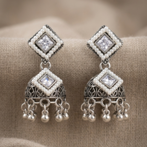 Oxidized Silver Pearl and Stone Jhumka Earrings