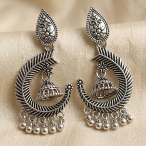 Oxidized Silver Crescent Moon Jhumka Earrings