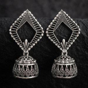 Oxidized Silver Geometric Diamond Jhumka Earrings